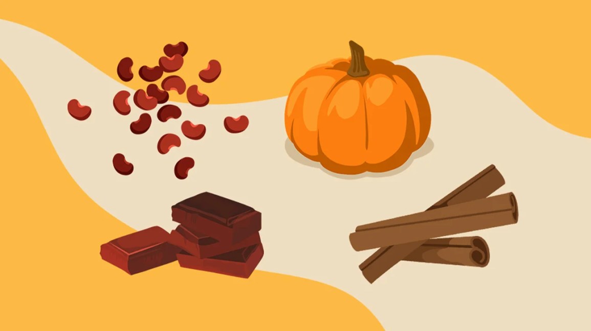 Illustrations of beans, chocolate squares, cinnamon sticks, and a pumpkin against a two-tone orange background.